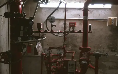 System rur przeciwpożarowych z manometrami i zaworami. Kluczowe dla maksymalny przepływ a średnica rury.