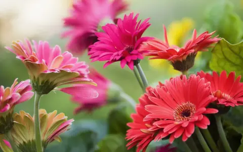 Vibrant gerbera daisies in pink and red bloom, showcasing their delicate petals. Proper gerbera daisy care ensures such stunning displays.