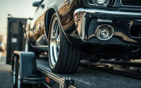 Czarne auto na lawecie, widoczna przednia część i koło.
