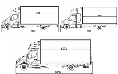 Rysunki techniczne pokazują różne warianty zabudowy Renault Master, z podanymi wymiarami całkowitej długości i długości przestrzeni ładunkowej.