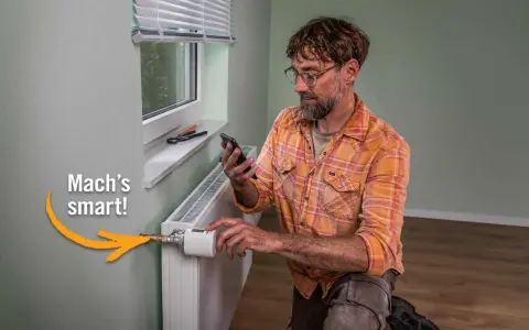 Mann installiert smarten Thermostat am Heizkörper, um Heizkosten zu sparen. "Mach's smart!