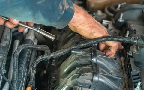 Mechanik naprawia silnik, sprawdzając uszkodzony zawór zwrotny paliwa. Objawy mogą być różne, od problemów z rozruchem po nierówną pracę silnika.