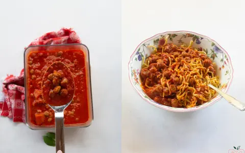 Chitarra alla teramana con polpettine in sugo rosso, un piatto ricco e saporito.