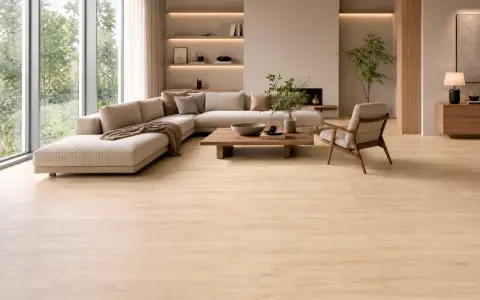 Suelos de madera clara, ideales para casas modernas, crean un ambiente cálido y luminoso en este salón minimalista.