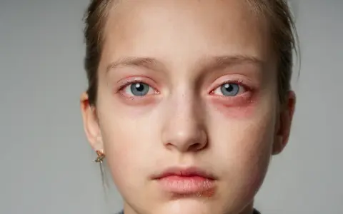 Czerwona, swędząca wysypka na twarzy dziecka, szczególnie wokół oczu i ust, sugeruje alergię lub podrażnienie.