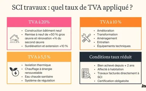 Tableau des taux de TVA pour les SCI : 20%, 10% et 5,5% pour les travaux, avec conditions pour le taux réduit.