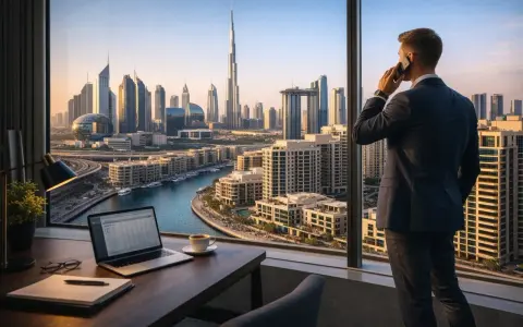 Biznesmen rozmawia przez telefon, patrząc na panoramę Dubaju. Na biurku laptop, kawa i notatnik. To symbol nowoczesnej pracy w Dubaju.