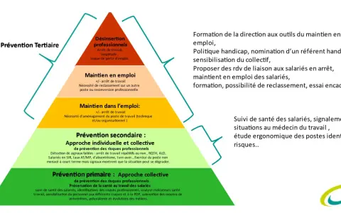 Pyramide des niveaux de prévention : primaire (collective), secondaire (individuelle/collective), tertiaire (maintien dans l'emploi, maintien en emploi) pour la prévention de la désinsertion professionnelle.
