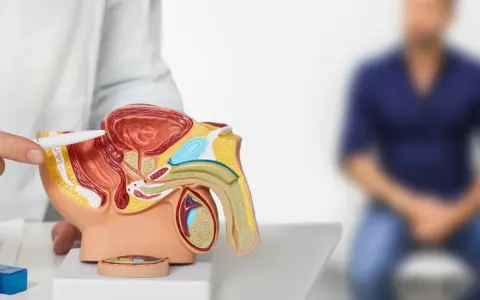 Lekarz pokazuje model układu moczowo-płciowego, wyjaśniając pacjentowi, co oznacza PSA 10.