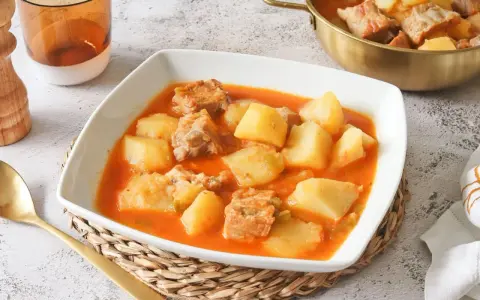 Un reconfortante plato de patatas con costillas en una salsa rojiza, servido en un cuenco blanco.