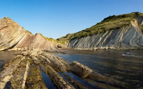 The flysch de Zumaia showcases dramatic, layered rock formations meeting the sea under a clear blue sky.
