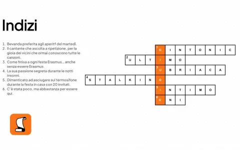Indizi per un crossword puzzle maker italiano. Le caselle sono parzialmente riempite con lettere.