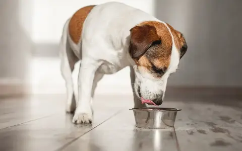 Un chien Jack Russell lèche sa gamelle. L'huile de saumon pour chien, combien de fois par semaine pour une meilleure santé ?