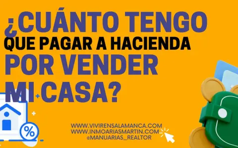 ¿Cuánto tengo que pagar a Hacienda por la venta de un piso? Icono de casa, dinero y porcentaje.