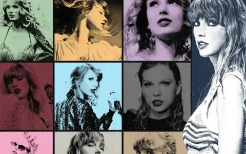 Collage med olika porträtt av Taylor Swift, som påminner om hennes ikoniska taylor swift-låtar.
