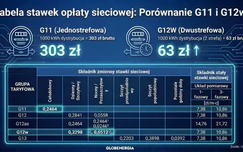 Porównanie taryf G11 i G12w dla fotowoltaiki: G11 kosztuje 303 zł, G12w 63 zł za 1000 kWh. Tabela pokazuje stawki sieciowe.