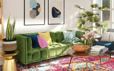 Sofá verde vibrante con cojines coloridos, alfombra persa y arte abstracto. Una sala acogedora, perfecta para una reforma sin obras.