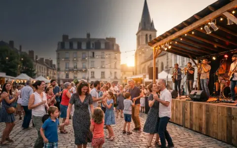 Gente bailando en una plaza adoquinada durante la fiesta de la música en Francia. Una banda toca en un escenario iluminado, con edificios históricos y una iglesia al fondo.
