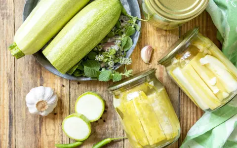 Zucchini haltbar machen: Frische Zucchini, Knoblauch, Chili und Kräuter für die Konservierung in Gläsern.