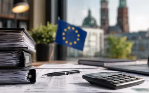 Biurko z dokumentami, kalkulatorem, flagą UE i widokiem na niemieckie miasto. Rozliczenia, księgowość, vat niemcy.