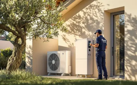 Técnico revisa sistema de aerotermia R290 junto a una casa moderna.