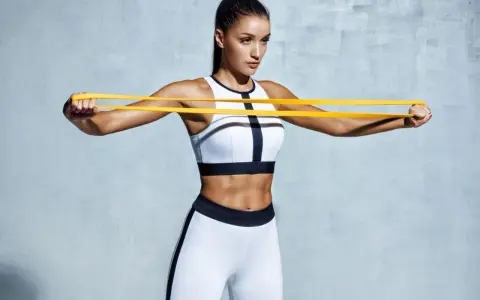 Femme athlétique travaillant ses pectoraux avec un élastique jaune.