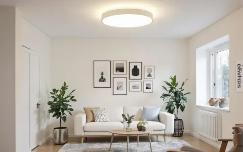 Salon moderne avec un canapé blanc, des plantes vertes et un éclairage doux d'une **led plate** au plafond.