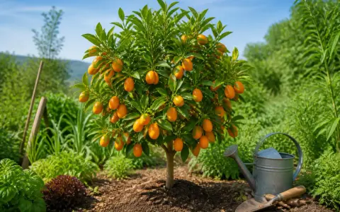 Arbre de kumquat chargé de fruits, prêt pour l'entretien. Arrosoir et pelle à proximité, suggérant le soin nécessaire.