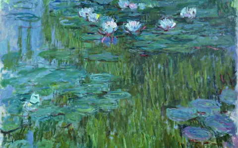 Vattenliljor i en damm, målade med Monet. Impressionistiskt verk med fokus på ljus och färg.