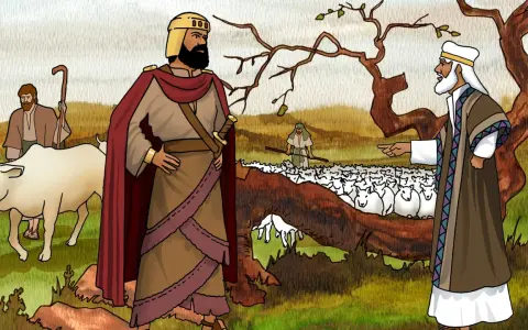 König Saul, der von einem Hirten mit einer Kuh begleitet wird, weist einen Mann an, der eine Schafherde hütet. 1. Samuel 15,3.