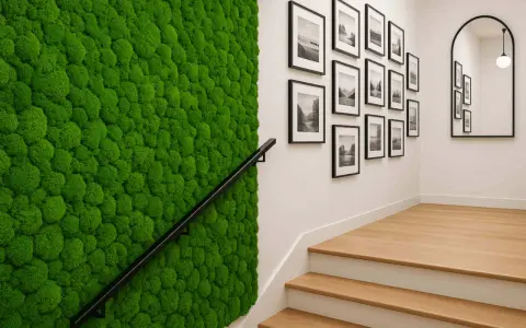 Efektowna aranżacja ściany przy schodach z żywego mchu. Obok galeria czarno-białych zdjęć w ramkach.