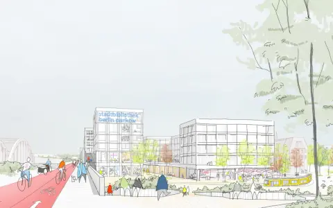 Skizze einer lebendigen Stadtentwicklung: Radwege, moderne Gebäude, die Stadtbibliothek Berlin Pankow und grüne Flächen symbolisieren eine gelungene urbane Transformation.