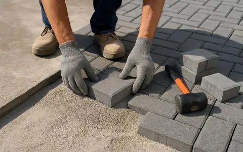 Mani guantate posano blocchi per creare un pavimento in cemento per esterno. Martello e mattoni a portata di mano.