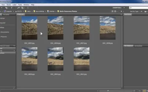 Vista previa de fotos de paisajes en Photoshop. Se aprecian varias imágenes de cañones y cielos nublados, listas para ser editadas en un proyecto de panoramica photoshop.