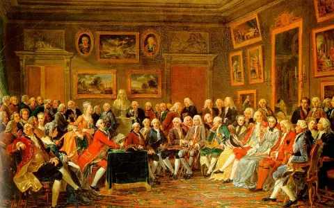 En samling män i 1700-talskläder diskuterar livligt i ett rum fyllt av konst. En scen som fångar upplysningens epok.