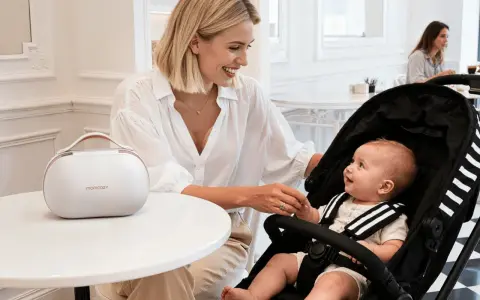 Uśmiechnięta mama z niemowlakiem w wózku, przygotowująca się do sylwestra. Obok biała torba Momcozy.