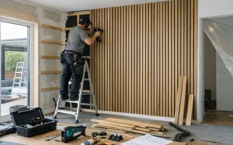 Man på en stege, som använder en spikpistol för att montera akustikpanel på en vägg. Verktyg och material ligger utspridda på golvet.