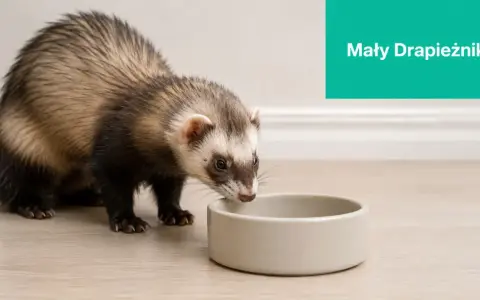 Mały drapieżnik, fretka, pochyla się nad pustą miseczką, zastanawiając się, co jedzą fretki.