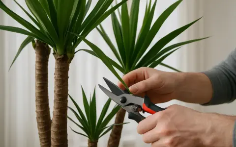 Hände schneiden mit einer Gartenschere ein Blatt einer Yucca Palme.