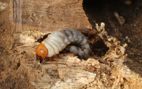Un gros vers blanc, larve d'insecte, se nourrit dans un tunnel creusé dans le bois.