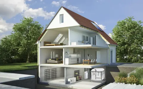 Corte de una casa que muestra habitaciones, sótano con equipo de calefacción biomasa y el exterior verde.