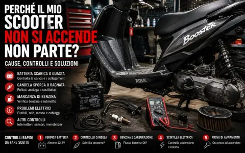 Il mio scooter non parte? Immagine mostra scooter, batteria, candela, multimetro e filtro aria, con testo che elenca cause e soluzioni per il motore che non parte.