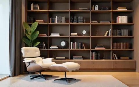 Un fauteuil confortable et un pouf invitent à la lecture dans ce salon où l'on a choisi d'aménager une bibliothèque murale.