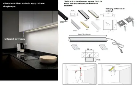 Oświetlenie LED pod szafkami kuchennymi z wyłącznikiem dotykowym i akcesoriami montażowymi.