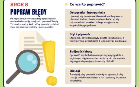 Krok 8: Popraw błędy. Lupa i wykrzyknik symbolizują, jak się pisze artykuł – przez korektę i dopracowanie.