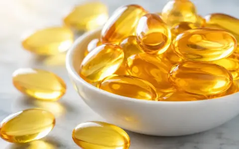 Capsule dorate piene di olio, che ricordano le proprietà omega 3, in una ciotola bianca e sparse sul piano.