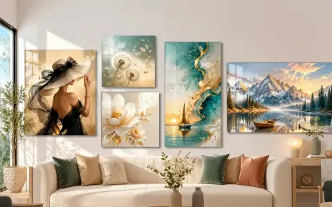 Cinq tableaux sur **mobile en verre** décorent un mur : une femme au chapeau, des pissenlits, une fleur, un voilier et un paysage de montagne.