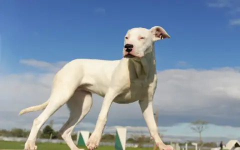 Młody dog argentyński o białej sierści stoi na drewnianej belce, spoglądając w bok na tle błękitnego nieba z chmurami.