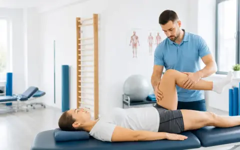 Fizjoterapeuta pracuje z pacjentką, wykonując ćwiczenia na nogę. To dowód, że rehabilitacja pomaga w powrocie do sprawności.