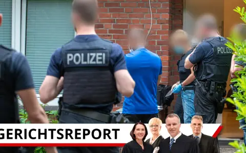 Polizisten bei einem Einsatz, der zu einer scheinbaren Strafe führt. Im Vordergrund Richter und Richterinnen.